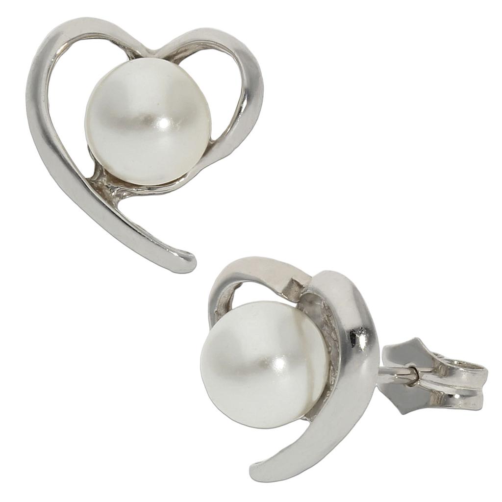 PENDIENTES ORO BLANCO 18KL CORAZON PERLAS 