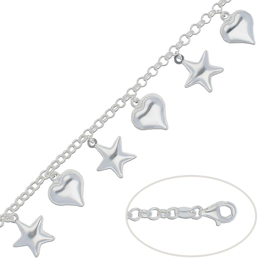 PULSERA ESTRELLAS - CORAZONES PLATA 925MM