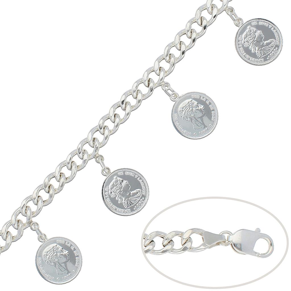 PULSERA MONEDAS BARBADA HUECA PLATA 925MM