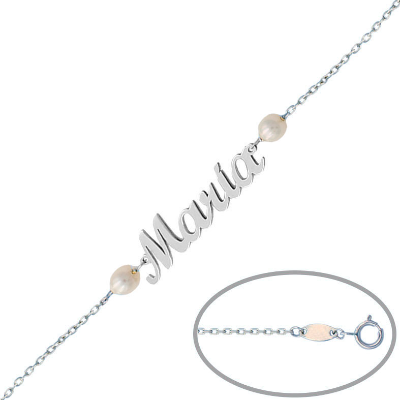 PULSERA ORO BLANCO 18KL NOMBRE + PERLAS