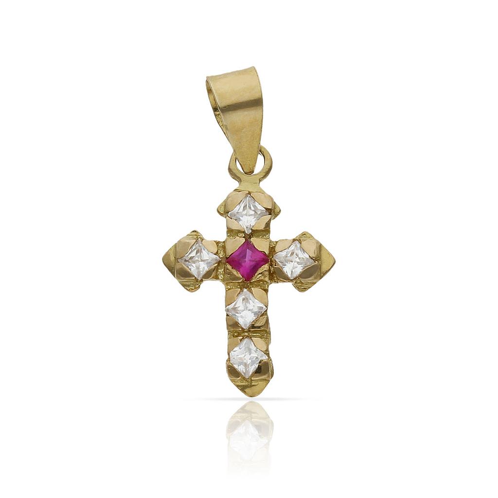 CRUZ ORO 18KL PIEDRA ROJA + CIRCONITAS - 12x17MM