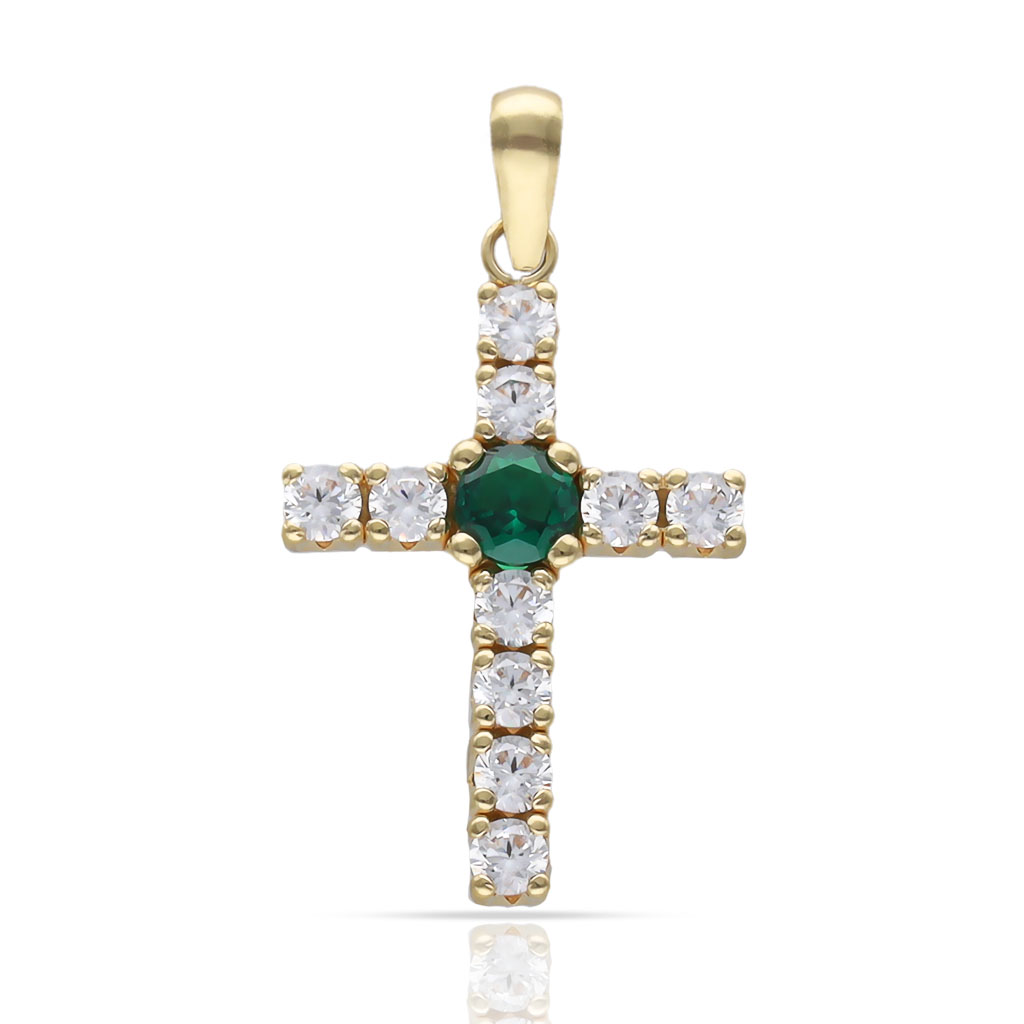 CRUZ ORO 18KL PIEDRA VERDE + CIRCONITAS - 15x20MM