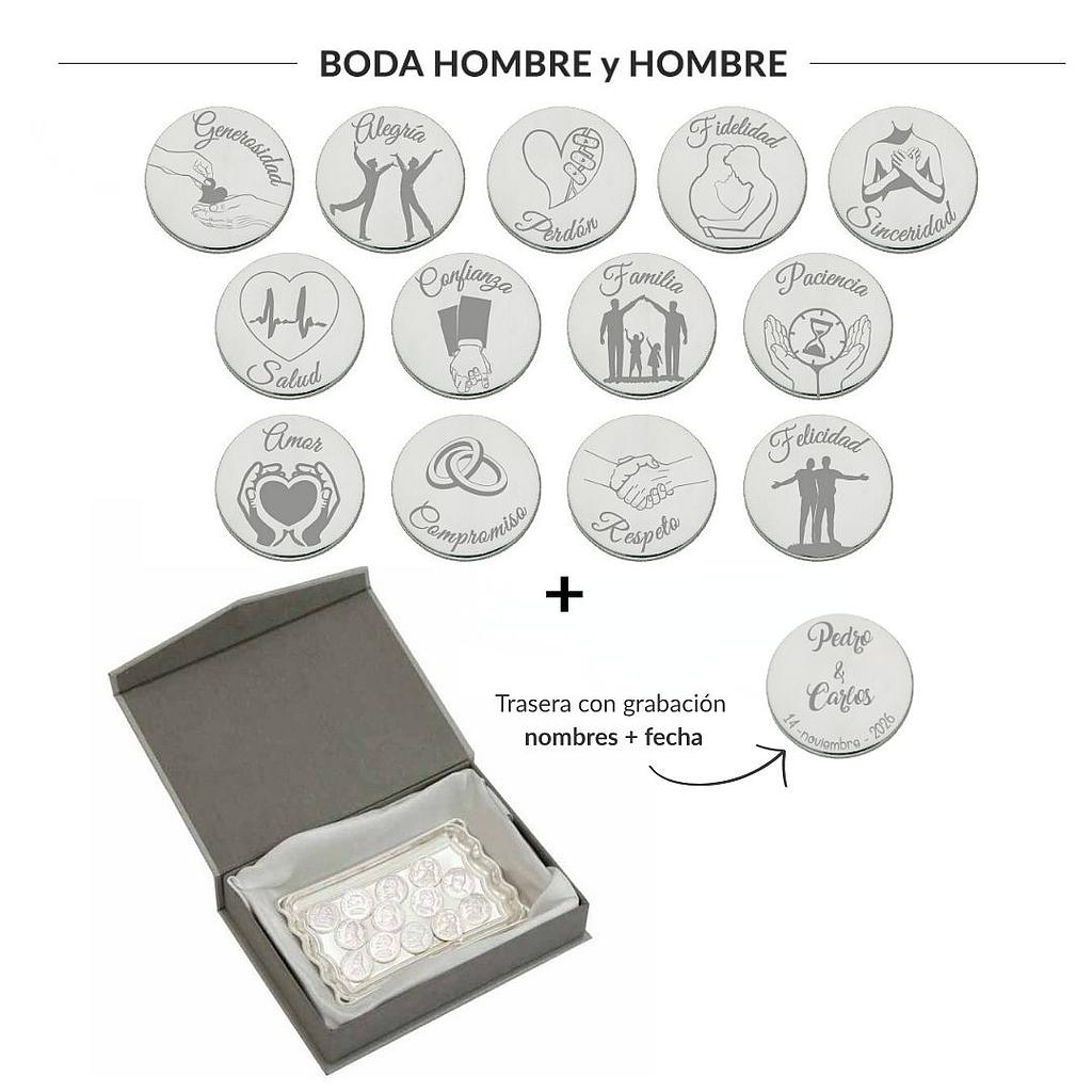 ARRAS PERSONALIZADAS BODA HOMBRE + HOMBRE · ACERO PLATEADO + BANDEJA + ESTUCHE