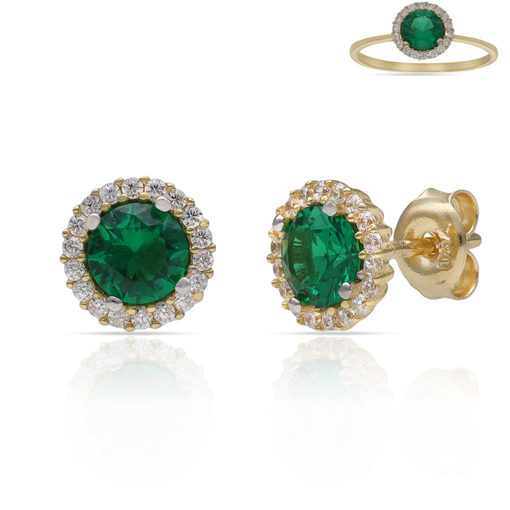 PENDIENTES ORO 18KL CERCO CIRCONITAS + PIEDRA VERDE - 7MM
