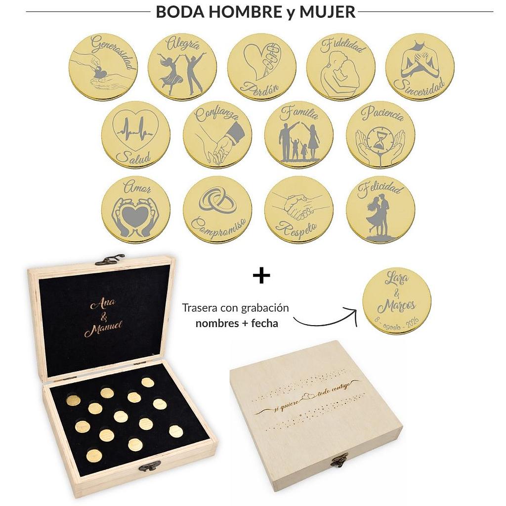ARRAS PERSONALIZADAS BODA HOMBRE + MUJER · ACERO DORADO + ESTUCHE MADERA