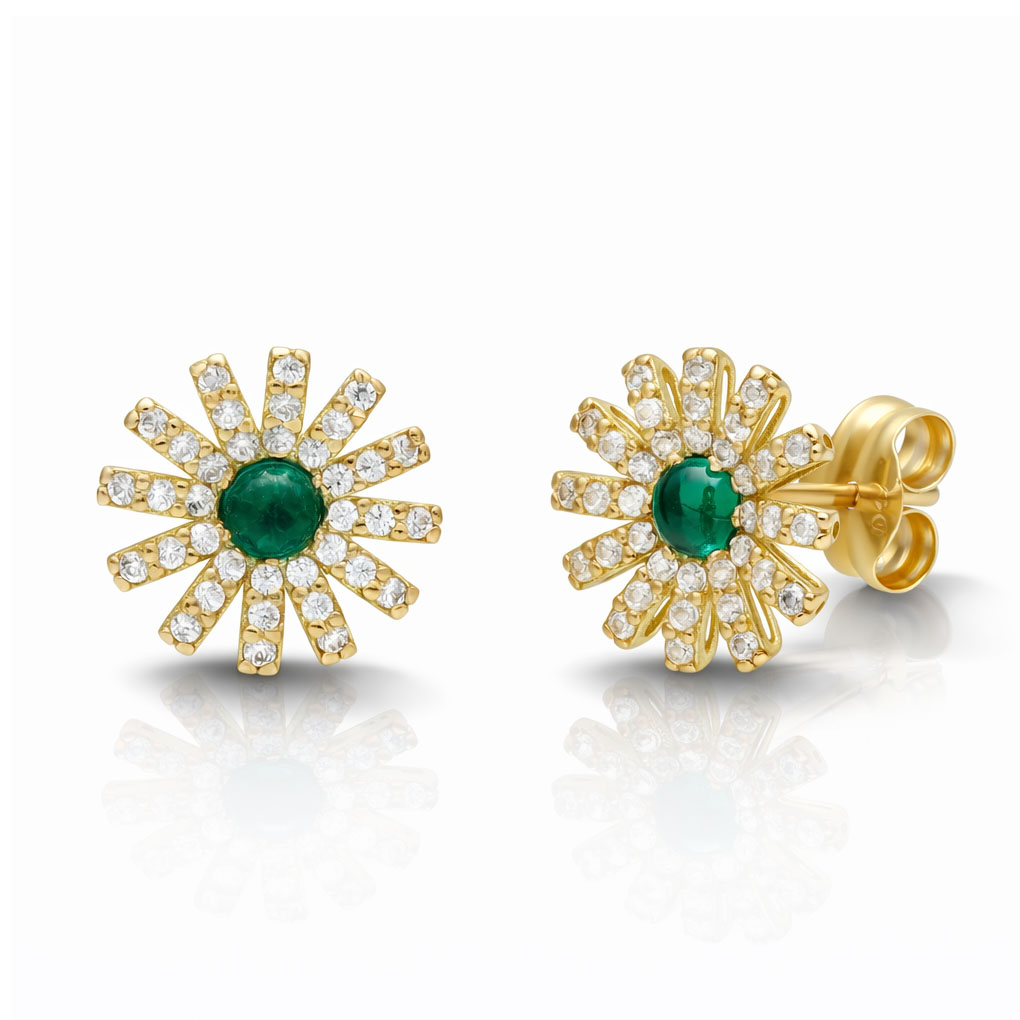PENDIENTES ORO 18KL FLOR + CIRCONITAS + PIEDRAS VERDES