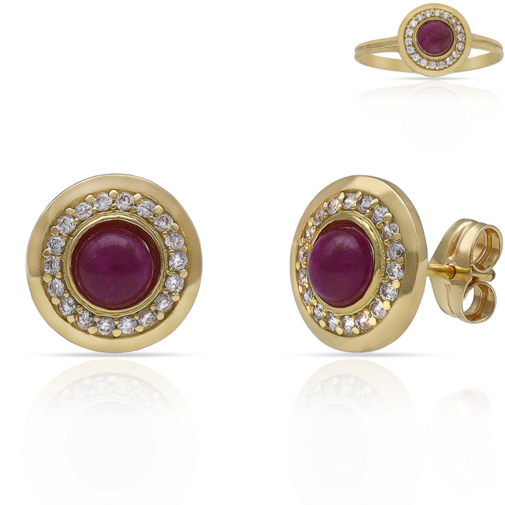 PENDIENTES ORO 18KL PIEDRAS ROJAS + CIRCONITAS - 9MM