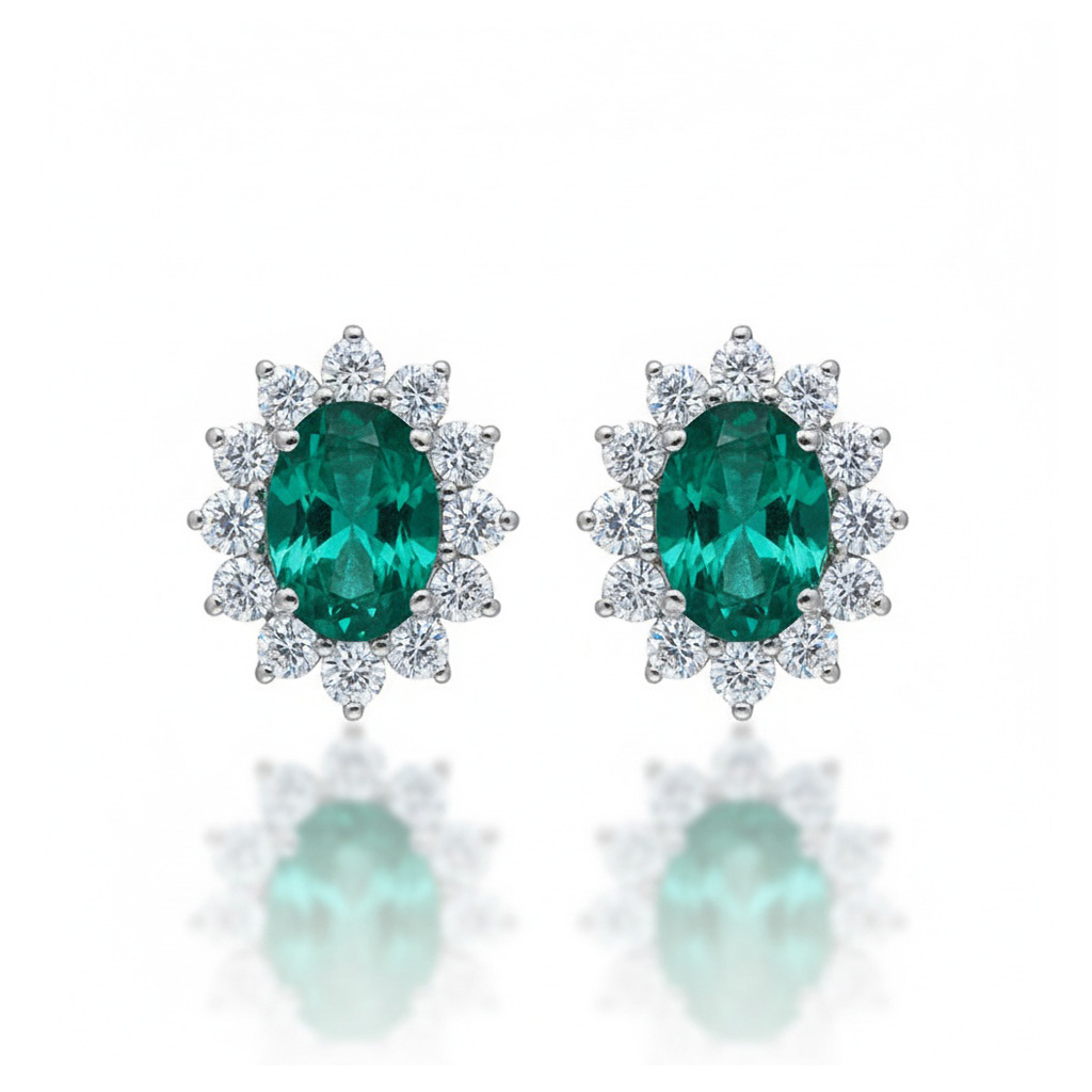 PENDIENTES ORO BLANCO 18KL DIAMANTES + ESMERALDAS FINAS
