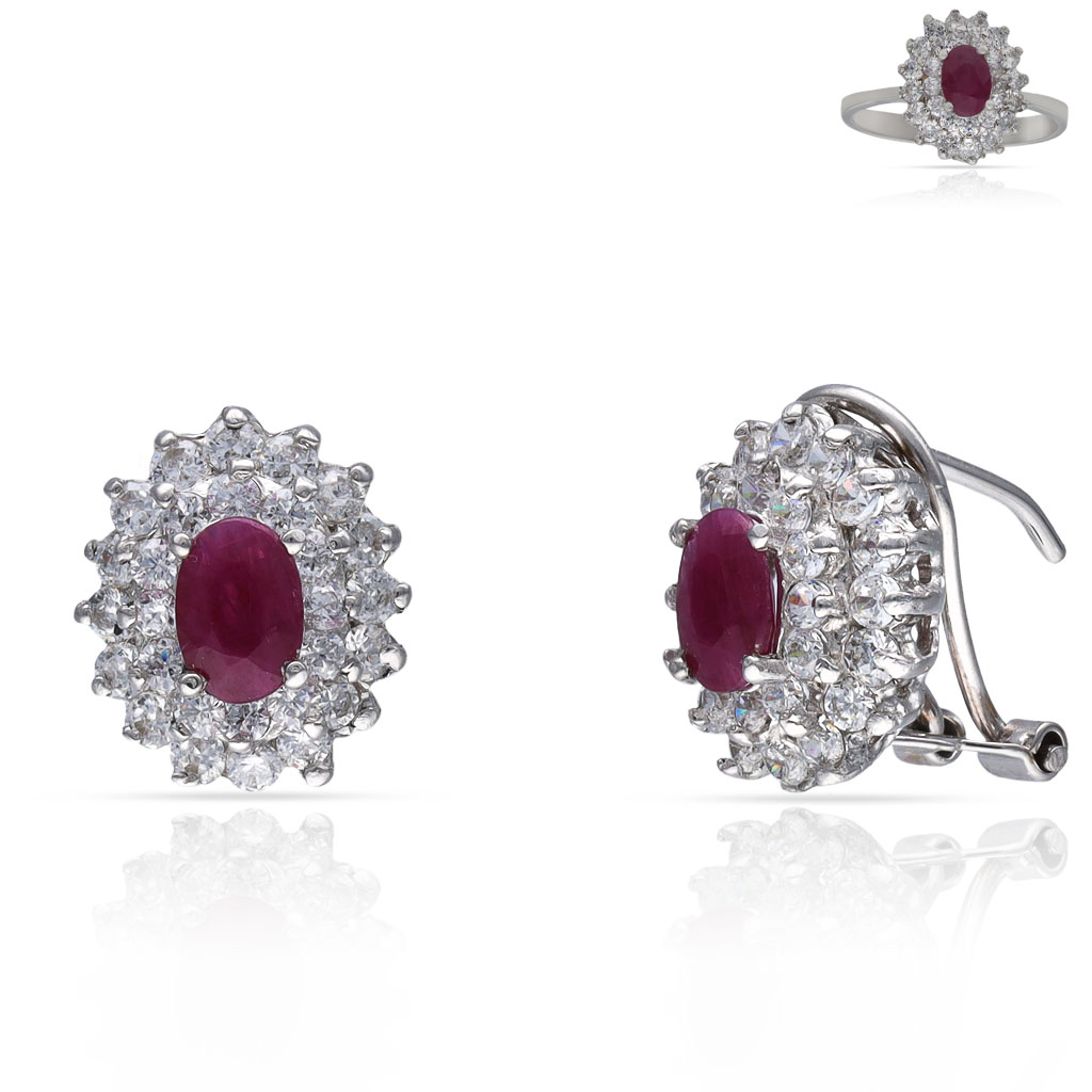 PENDIENTES ORO BLANCO 18KL RUBIES FINOS + CIRCONITAS