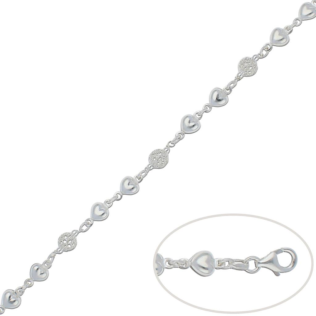 PULSERA PLATA 925MM CORAZONES + BOLAS