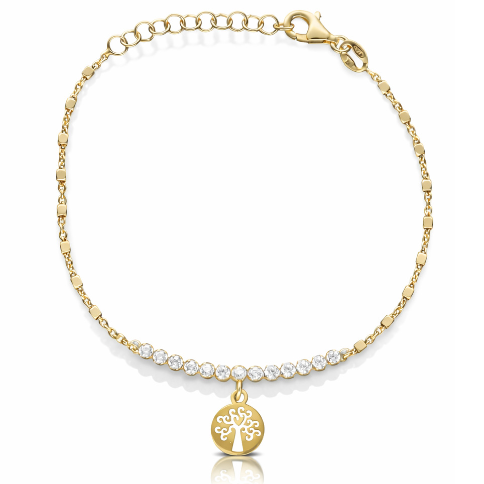 PULSERA PLATA CHAPADA EN ORO ARBOL DE LA VIDA + CIRCONITAS