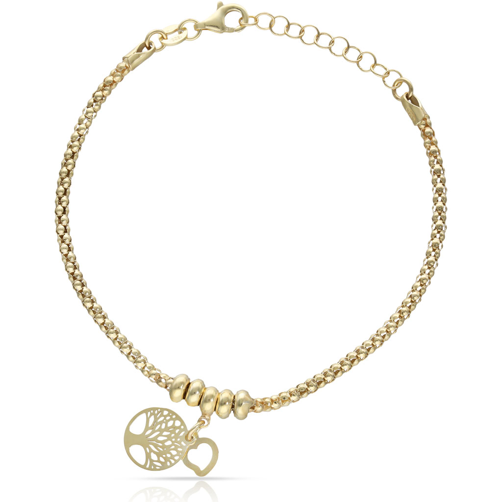 PULSERA PLATA CHAPADA EN ORO ARBOL DE LA VIDA + CORAZON