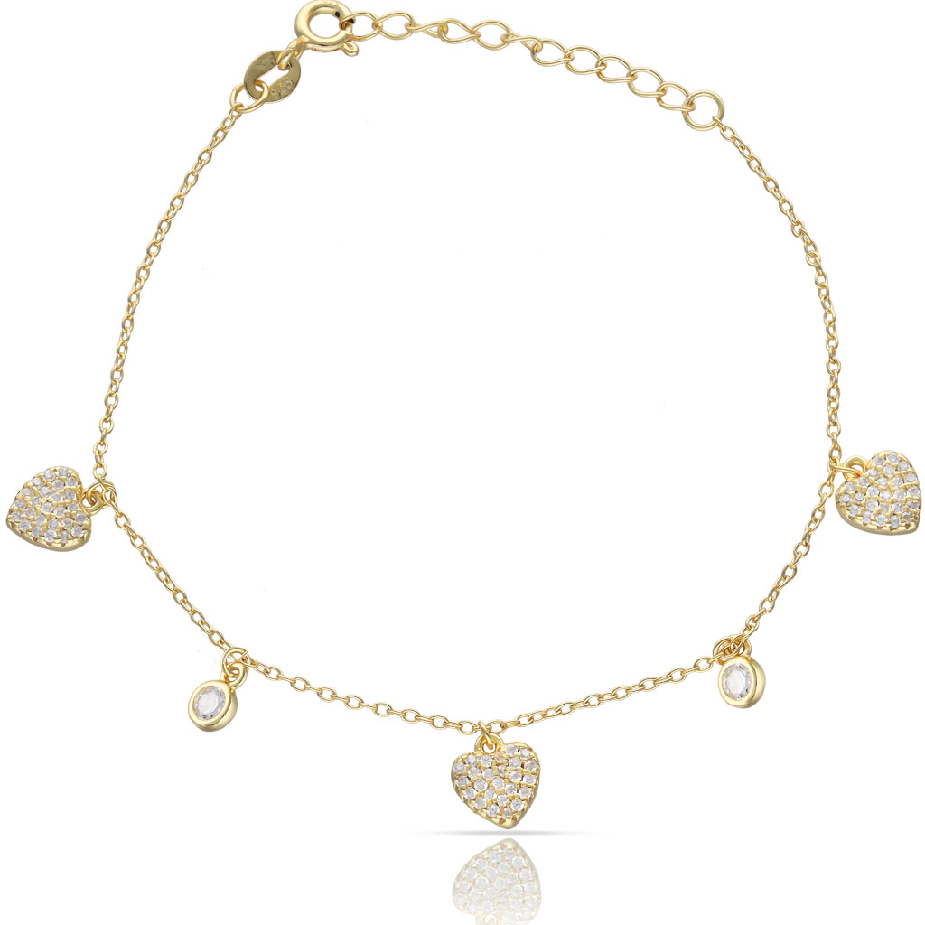 PULSERA PLATA CHAPADA EN ORO CORAZON + CIRCONITAS