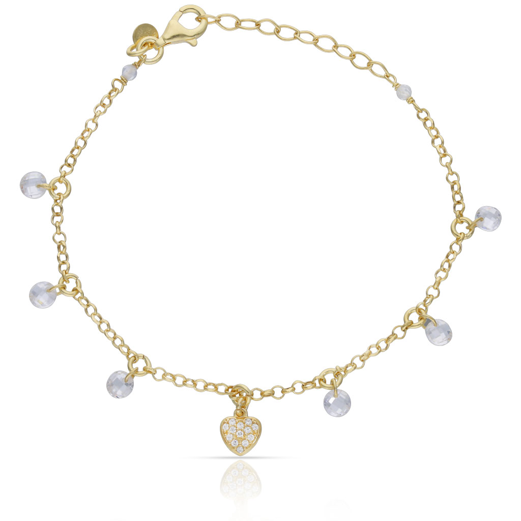 PULSERA PLATA CHAPADA EN ORO CORAZON + CIRCONITAS