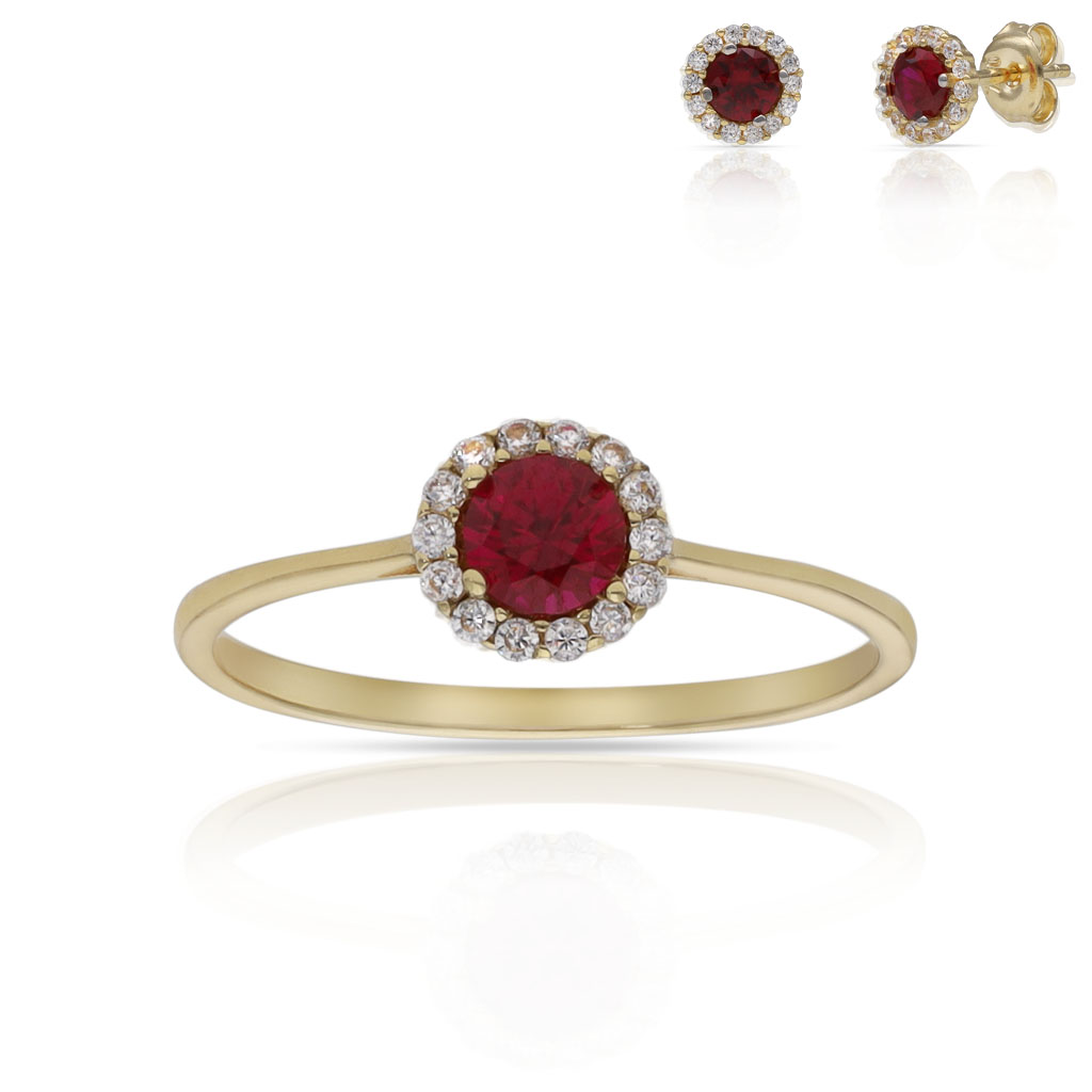 SORTIJA ORO 18KL CERCO CIRCONITAS + PIEDRA ROJA - 6MM