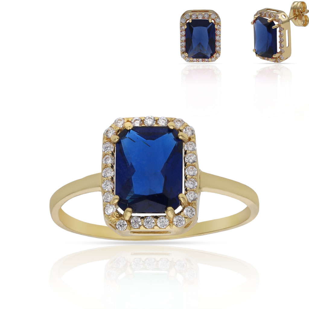SORTIJA ORO 18KL PIEDRA AZUL + CIRCONITAS - 8x10MM