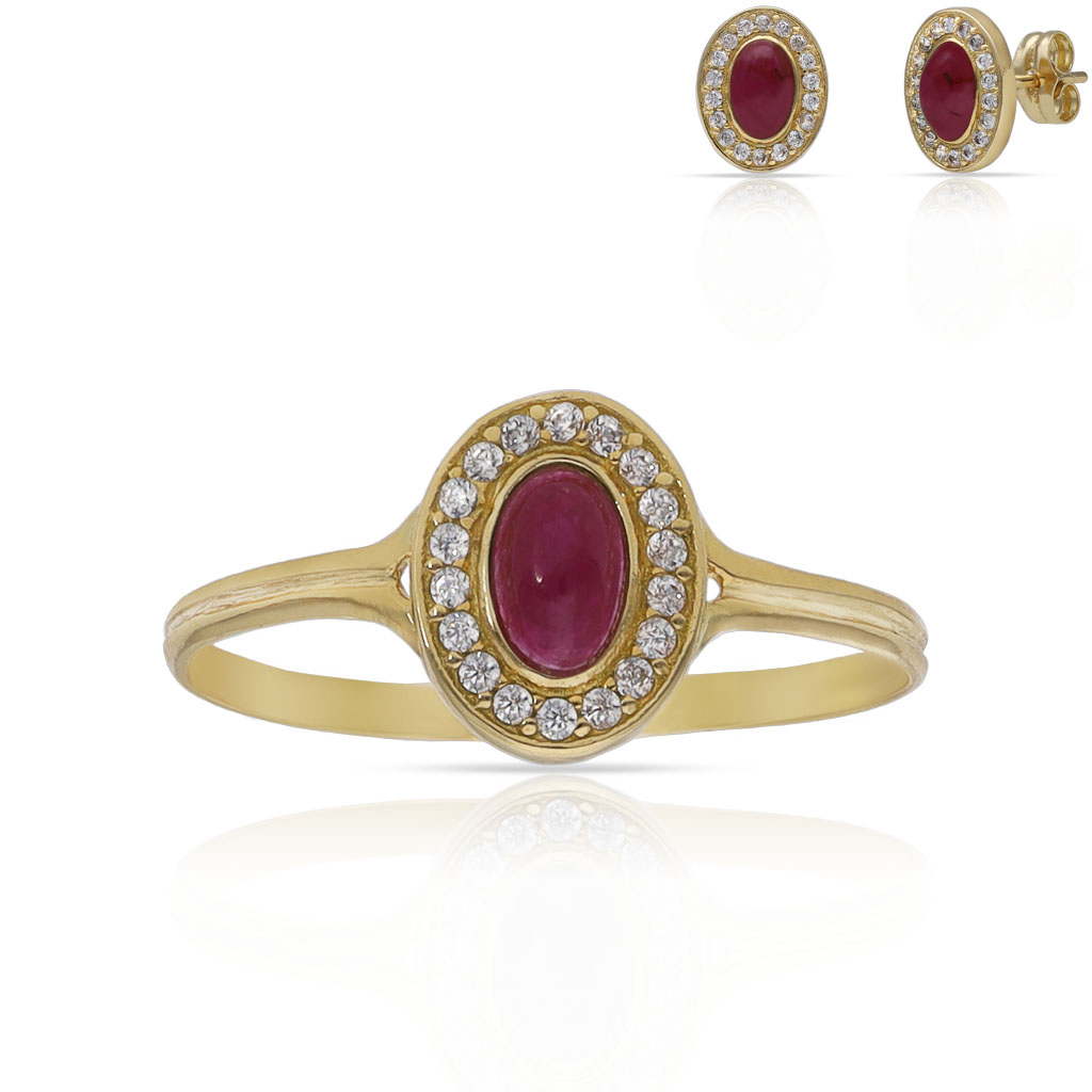 SORTIJA ORO 18KL PIEDRA ROJA + CIRCONITAS - 7x9MM