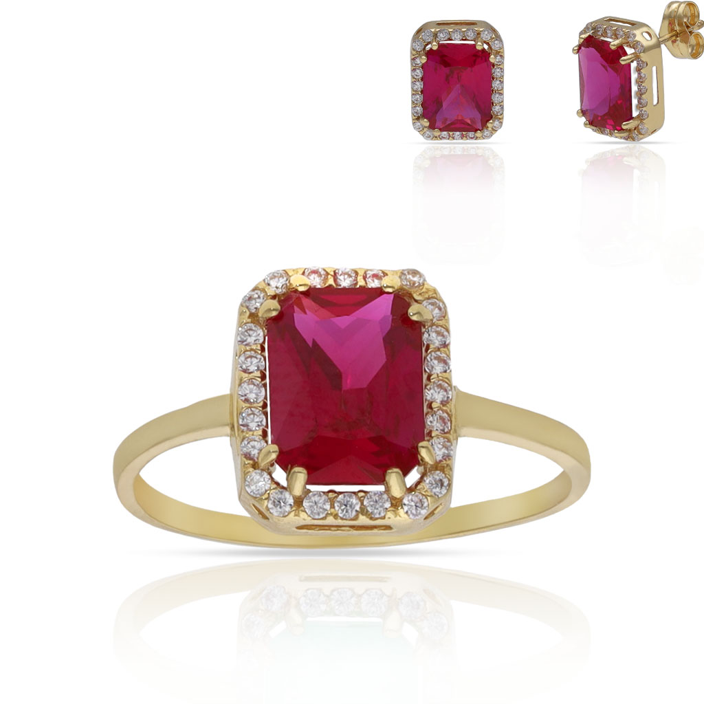 SORTIJA ORO 18KL PIEDRA ROJA + CIRCONITAS - 8x10MM