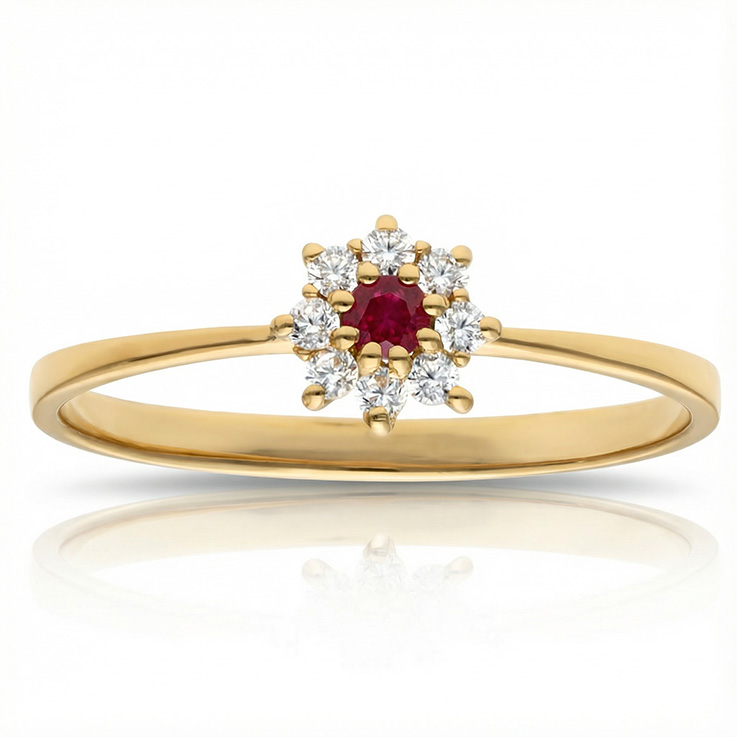 SORTIJA ORO 18KL ROSETON RUBI FINO + CIRCONITAS