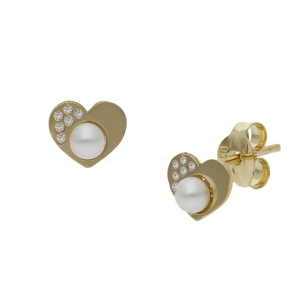 PENDIENTES CORAZON ORO 18KL PERLAS + CIRCONITAS - 6x5MM