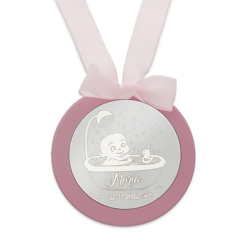 MEDALLA CUNA PLATA 925MM REDONDA BEBE + BAÑERA