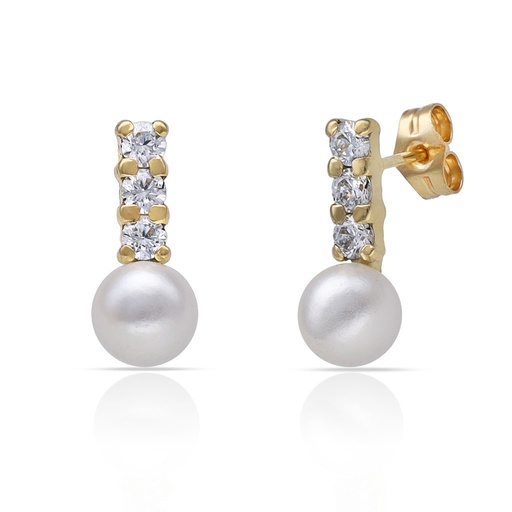 PENDIENTES ORO 18KL BARRA CIRCONITAS + PERLAS - 6x14MM