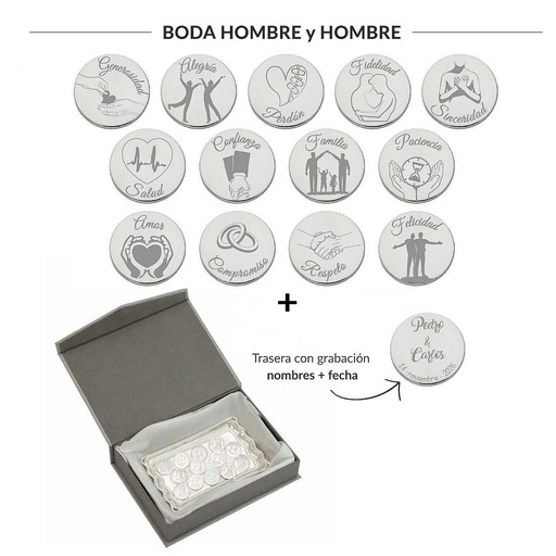 ARRAS PERSONALIZADAS BODA HOMBRE + HOMBRE · ACERO PLATEADO + BANDEJA + ESTUCHE
