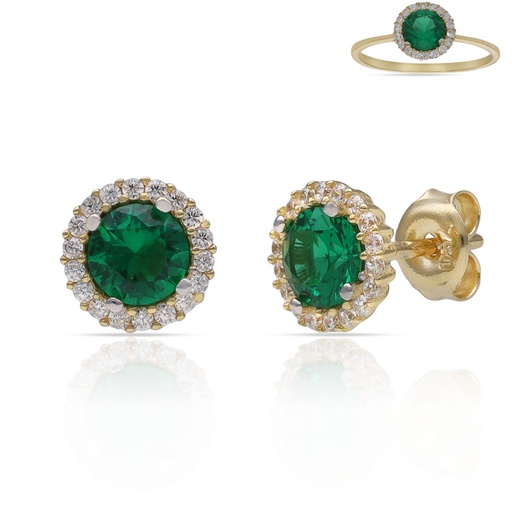 PENDIENTES ORO 18KL CERCO CIRCONITAS + PIEDRA VERDE - 7MM