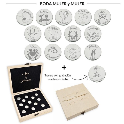 ARRAS PERSONALIZADAS BODA MUJER + MUJER · ACERO PLATEADO + ESTUCHE MADERA