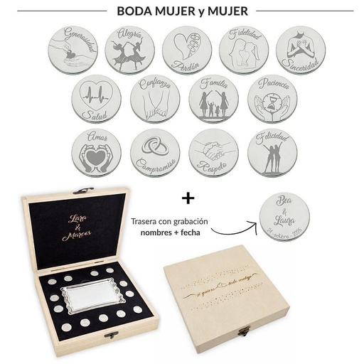 ARRAS PERSONALIZADAS BODA MUJER + MUJER · ACERO PLATEADO + ESTUCHE MADERA + BANDEJA