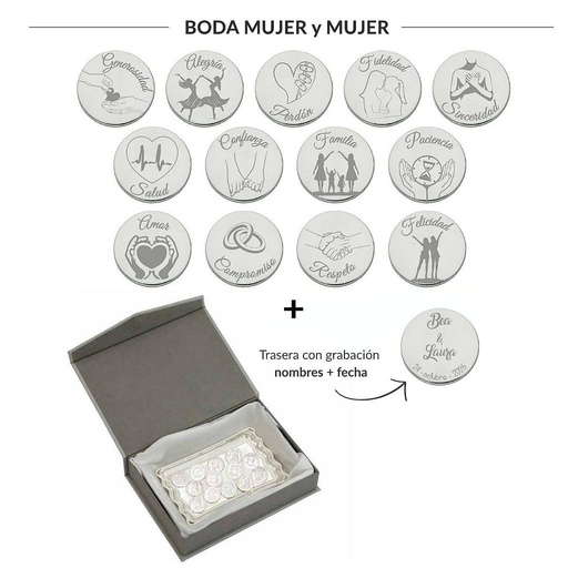 ARRAS PERSONALIZADAS BODA MUJER + MUJER · PLATA DE LEY + BANDEJA + ESTUCHE