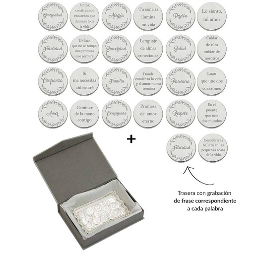 ARRAS PERSONALIZADAS PALABRA + FRASE · PLATA DE LEY + BANDEJA + ESTUCHE