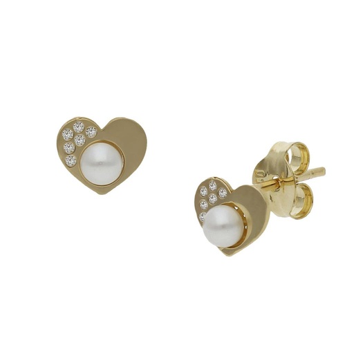 PENDIENTES ORO 18KL CORAZON PERLAS + CIRCONITAS - 6x5MM