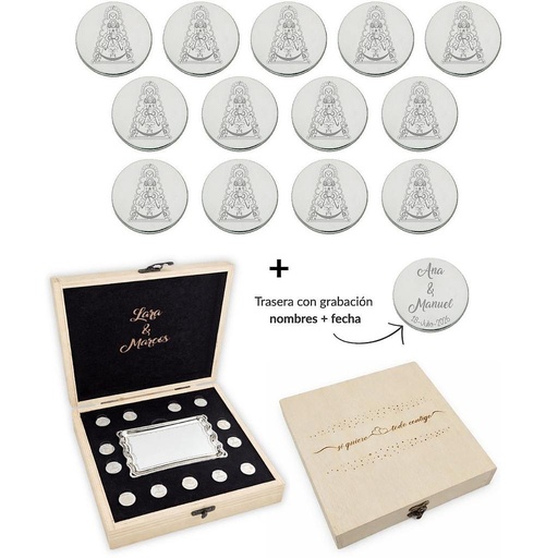 ARRAS PERSONALIZADAS V. DEL ROCIO · PLATA DE LEY + ESTUCHE MADERA + BANDEJA