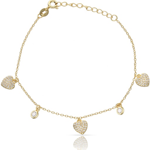 PULSERA PLATA CHAPADA EN ORO CORAZON + CIRCONITAS