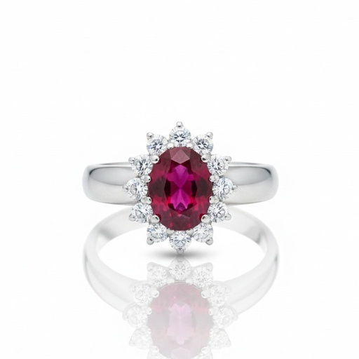 SORTIJA ORO BLANCO 18KL DIAMANTES + RUBI FINO
